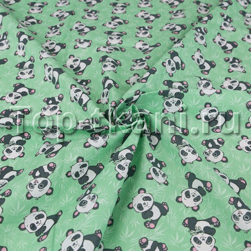 Бязь набивная - Панды (на зеленом) ширина 150 см